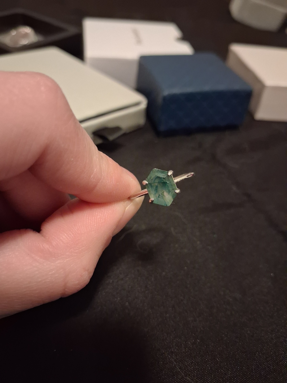 Sterling Silver Hexagon Moss Agate Ring - Green